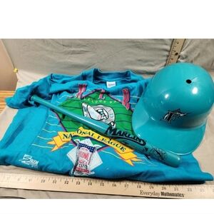 2012 Florida Marlins Inaugural Season T-Shirt/Helmet/Autographed Mini Bat
